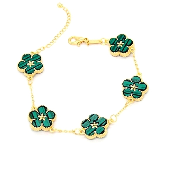 NIB Gold plated five petal green flowers double sided bracelet - Picture 1 of 4